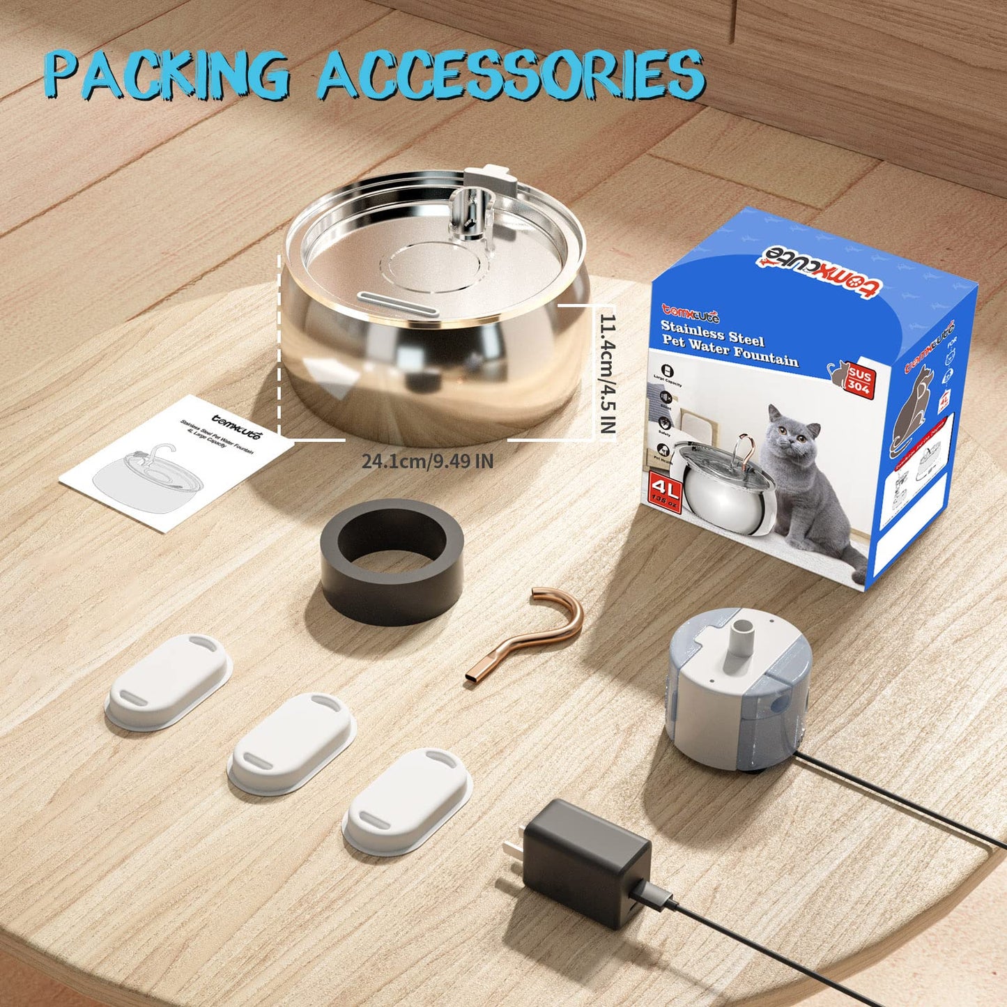 Tomxcute Cat Water Fountain - 4.0L/135oz Gooseneck Copper Faucet Design Cat Fountain for Drinking - Large Capacity Stainless Steel Cat Water Fountains - Comes with 3 Replacement Filters