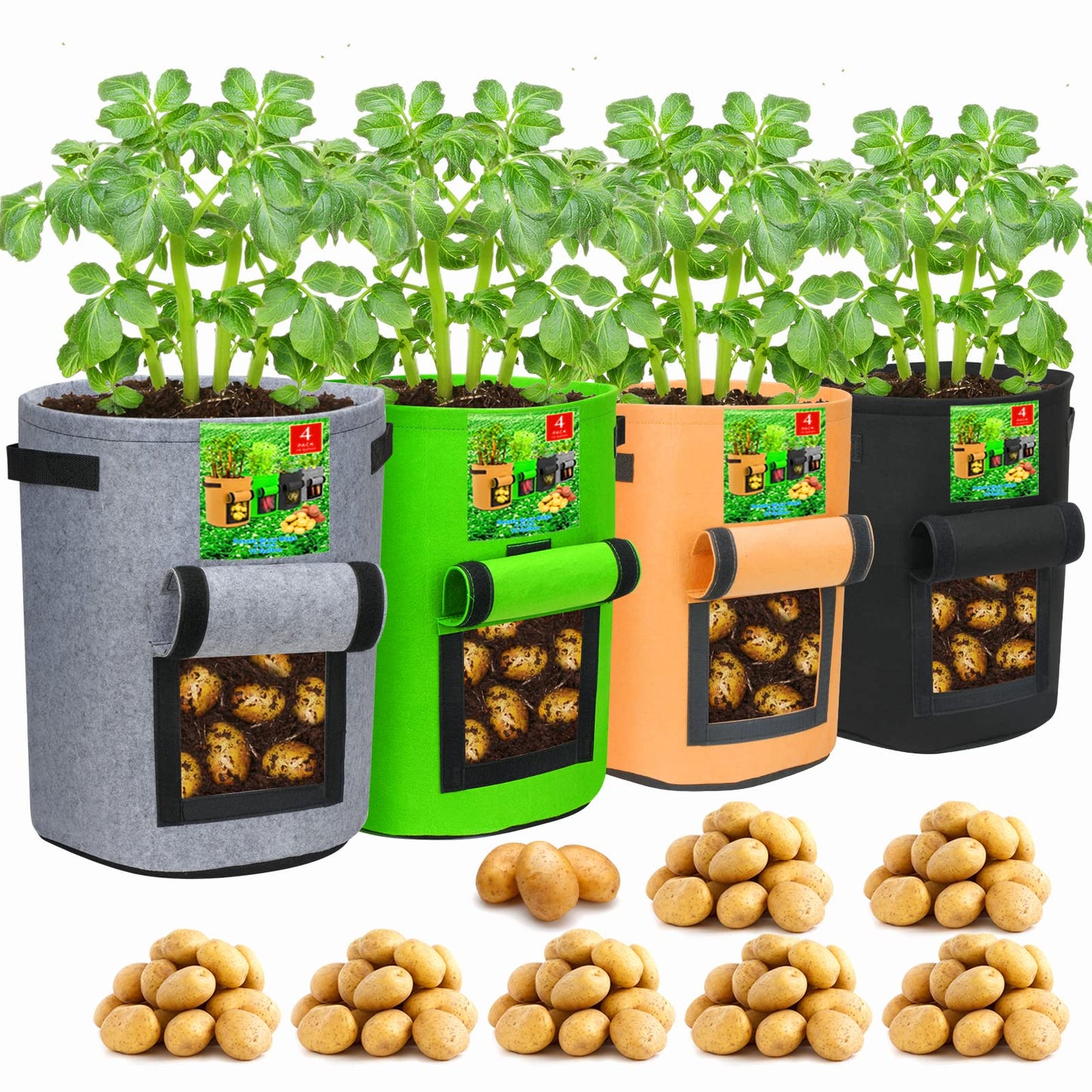 DiCandle 4 Pack 10 Gallon Potato Growing Bags with Flap, Breathable & Durable, Nonwoven Fabric, Ideal for Indoor/Outdoor Use