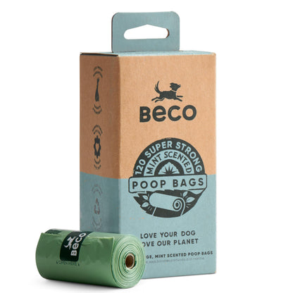 Beco Dog Poop Bags Rolls - Strong & Large - 120 Bags (8 Rolls of 15) Mint Scented, Dispenser Compatible for Dog Waste