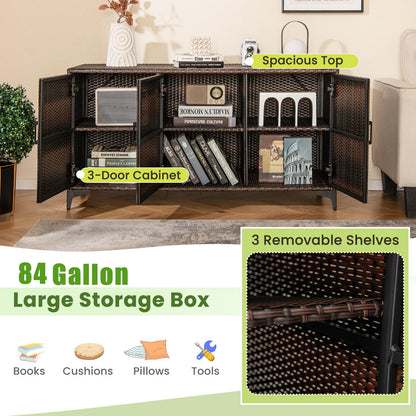 Giantex 84-Gallon Wicker Deck Box - Patio Storage Cabinet, 3-Door PE Rattan Storage Container with Removable Shelves, Indoor & Outdoor Package Box for Porch, Patio Furniture Cushions Tools (Brown)