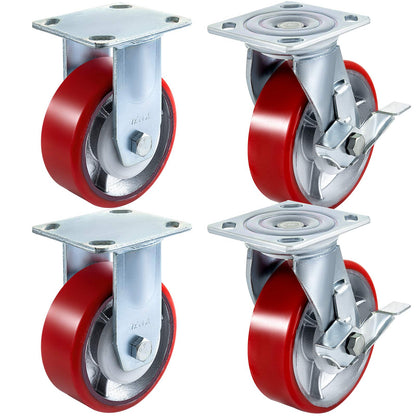 VEVOR Caster Wheels Set of 4, 6" Heavy Duty Casters (2 Rigid and 2 Swivel Casters with Side Brake) Polyurethane Iron Core Plate 4000LBS Capacity