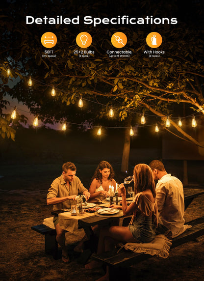 Brightown Outdoor String Lights, 50FT 25+2 LED ST38 LED Patio Lights Shatterproof, Dimmable IP65 Waterproof Connectable Hanging Outdoor Light for Backyard, Porch, Deck, Balcony
