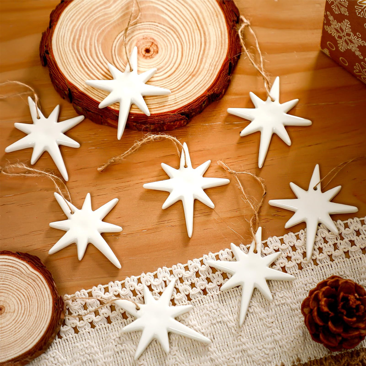 Suncalla 12 Pcs Christmas Bethlehem Star Ornament 1.97 x 3.15 White Star of Bethlehem Decoration Porcelain Ceramics Hanging Nativity Decor Accessories Sublimation Blanks Xmas Tree Topper Ornament