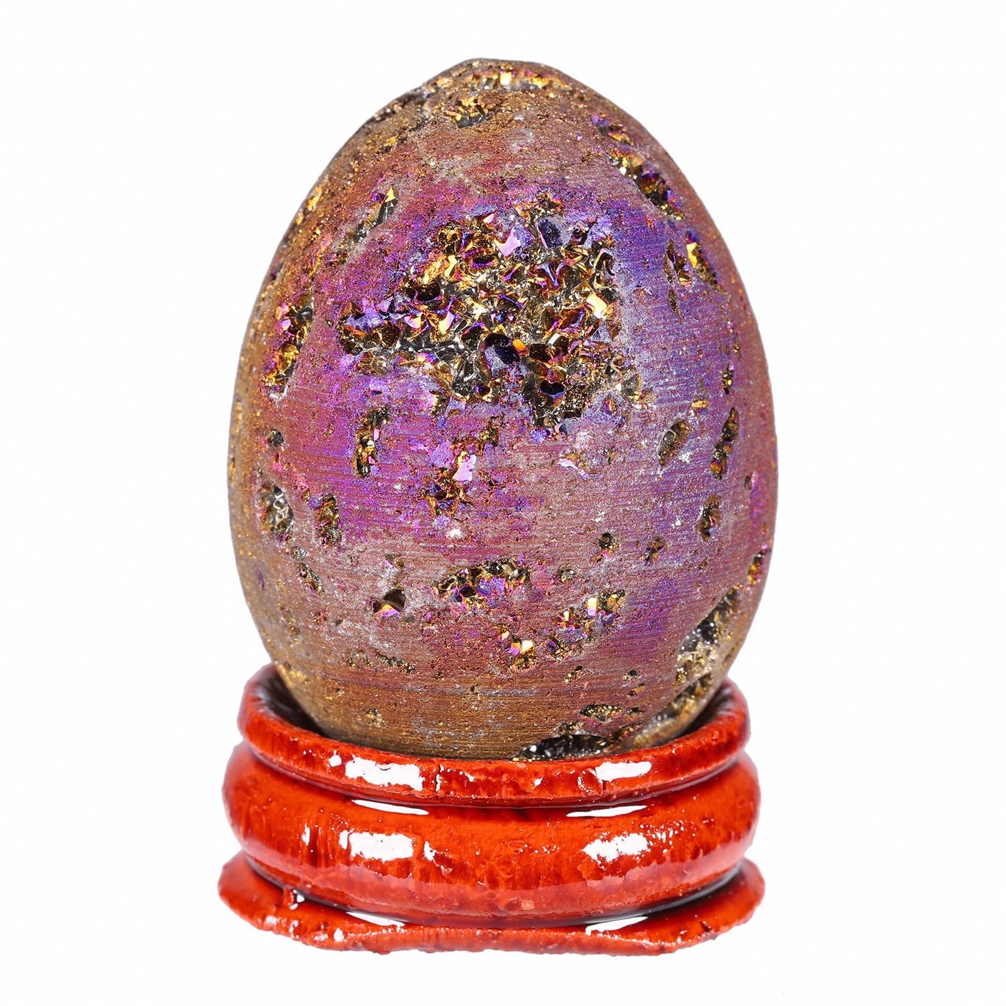 Cheungshing Titanium Coated Crystal Stone Egg Figurines with Wooden Base, Angel Aura Quartz Crystal Druzy Agate Geode Specimen, Gold-Purple