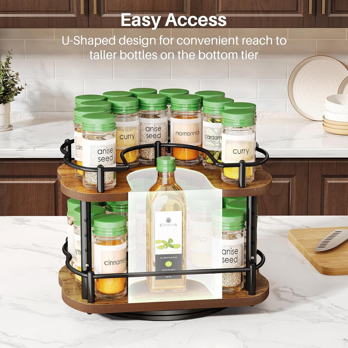 SNTD Spice Rack Organizer for Cabinet - Height Adjustable Rotating Lazy Susan, Wooden Spice Organization for Tabletop, Pantry, or Kitchen Counter, Fits Cabinets Over 11" Wide and 10.3" High
