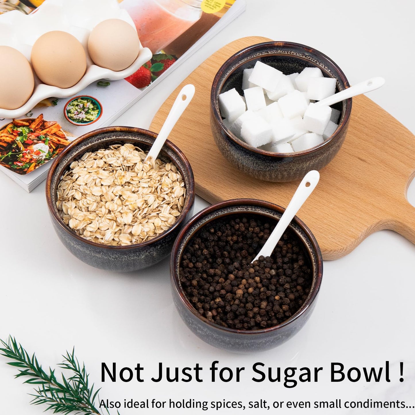 JoyfulHive Ceramic Sugar Bowl with Lid and Spoon, 14.5 OZ Sugar Container for Coffee Bar, Sugar Bowls for Countertop,Kitchen(Caramel Brown)