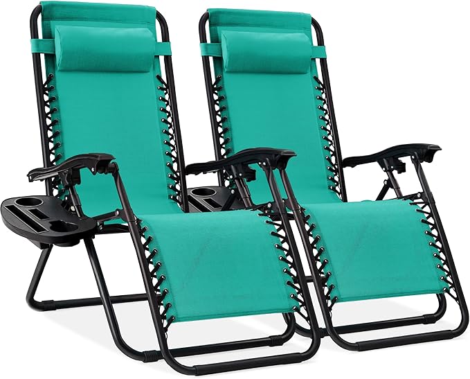 Best Choice Products Set of 2 Adjustable Steel Mesh Zero Gravity Lounge Chair Recliners w/Pillows and Cup Holder Trays - Mint