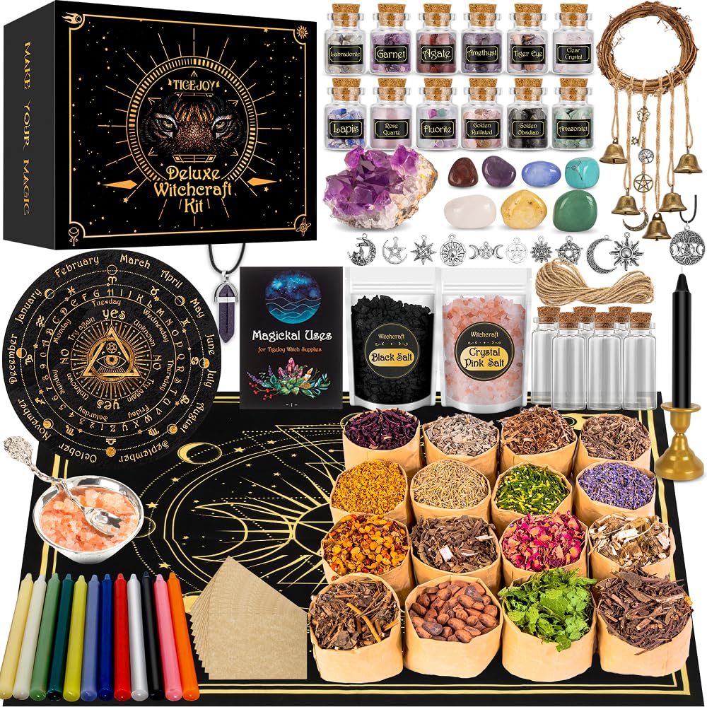 TigeJoy All in One Witchcraft Supplies Witch Stuff Spell Kit 88 PCS, Wiccan Tools, Include Herb Crystal Candle Amethyst Pendulum, Witch Gift Wiccan Starter Kit Altar Supplies Pagan Decor