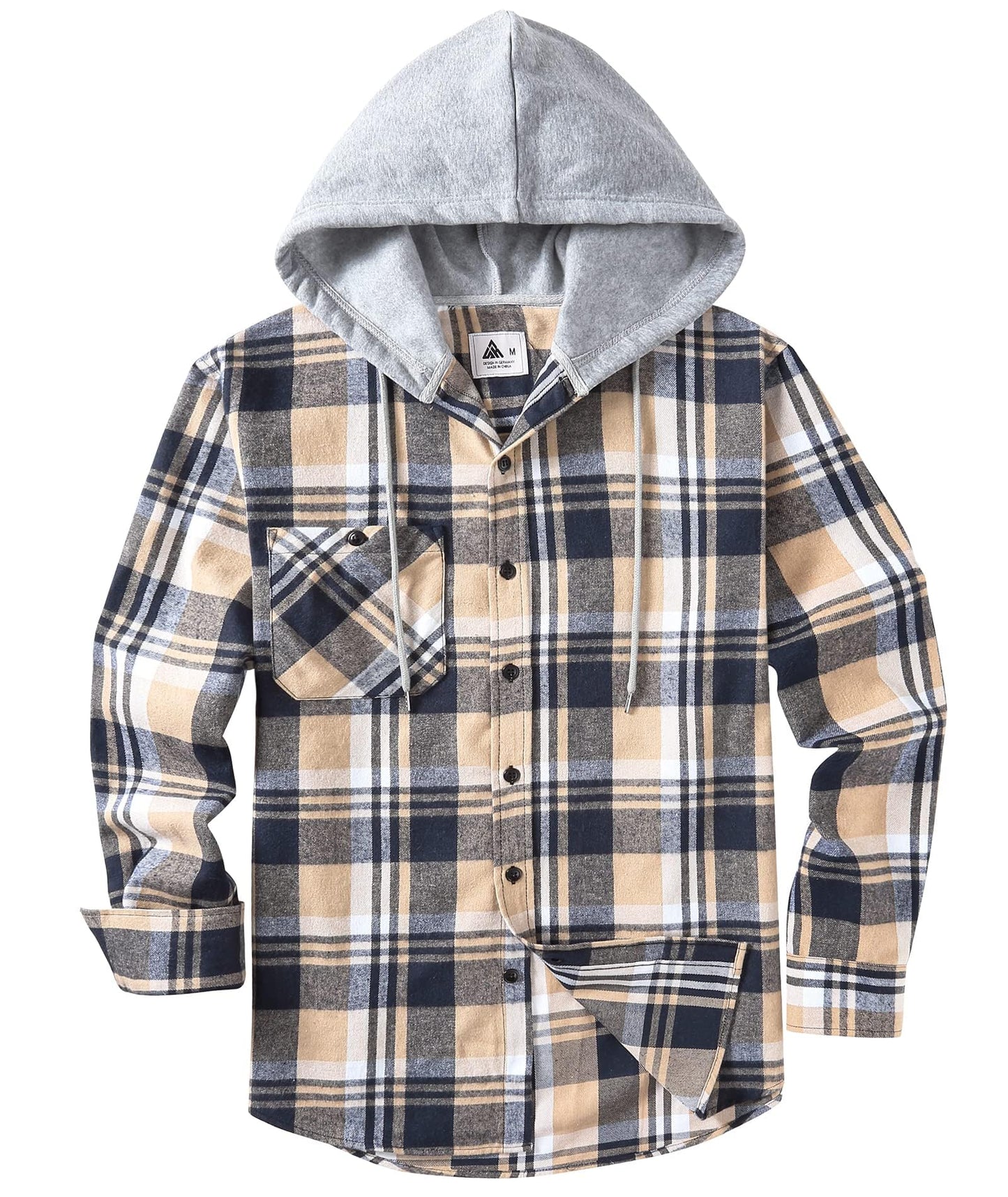 ZITY Men's Flannel Hoodie Shirts Casual Button Down Plaid Shirt Jackets for Men Long Sleeve Stylish Hooded with Pocket Navybeigewhite Large