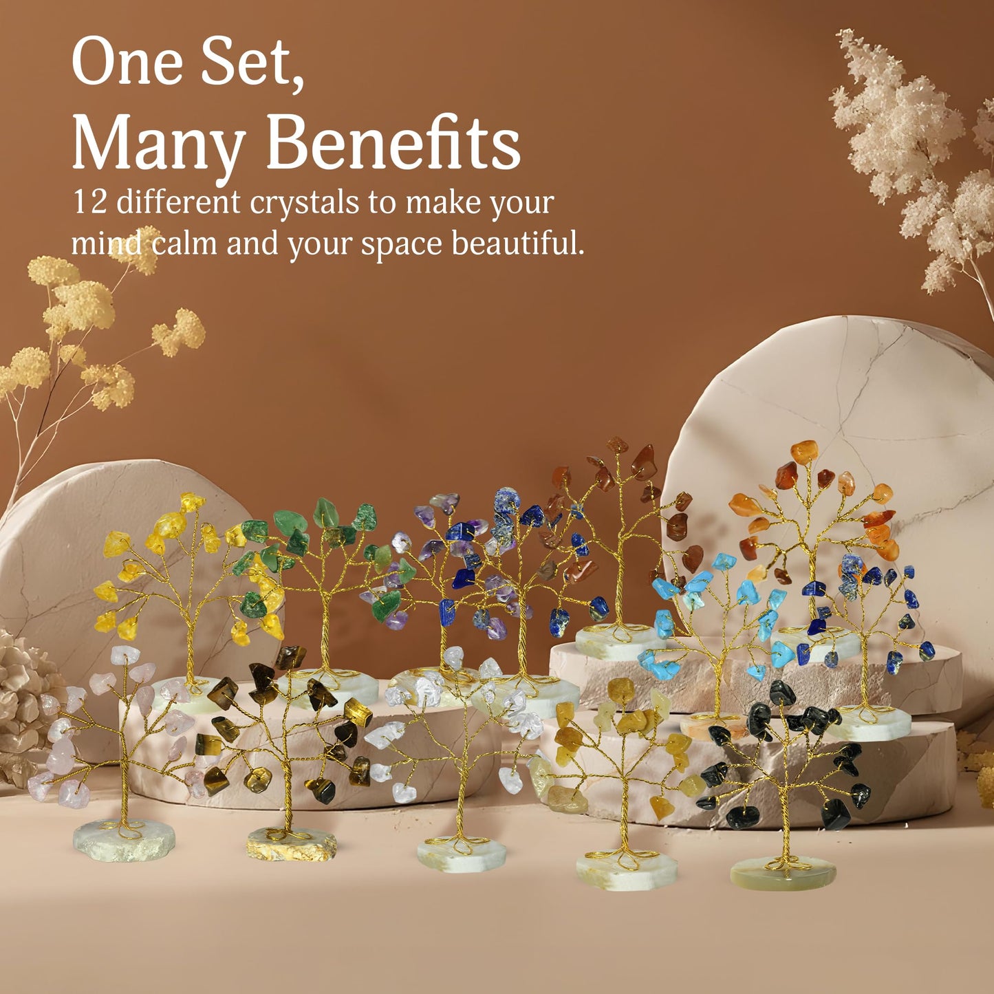 YATSKIA Chakra Crystals Tree, Birthday Gift For Women, Gemstones And Crystals, Natural Crystal Gemstone Tree, Crystal Home Decor, Mom Birthday Gifts, Feng Shui, Reiki Gift (Set Of 12 Slice Base Trees)