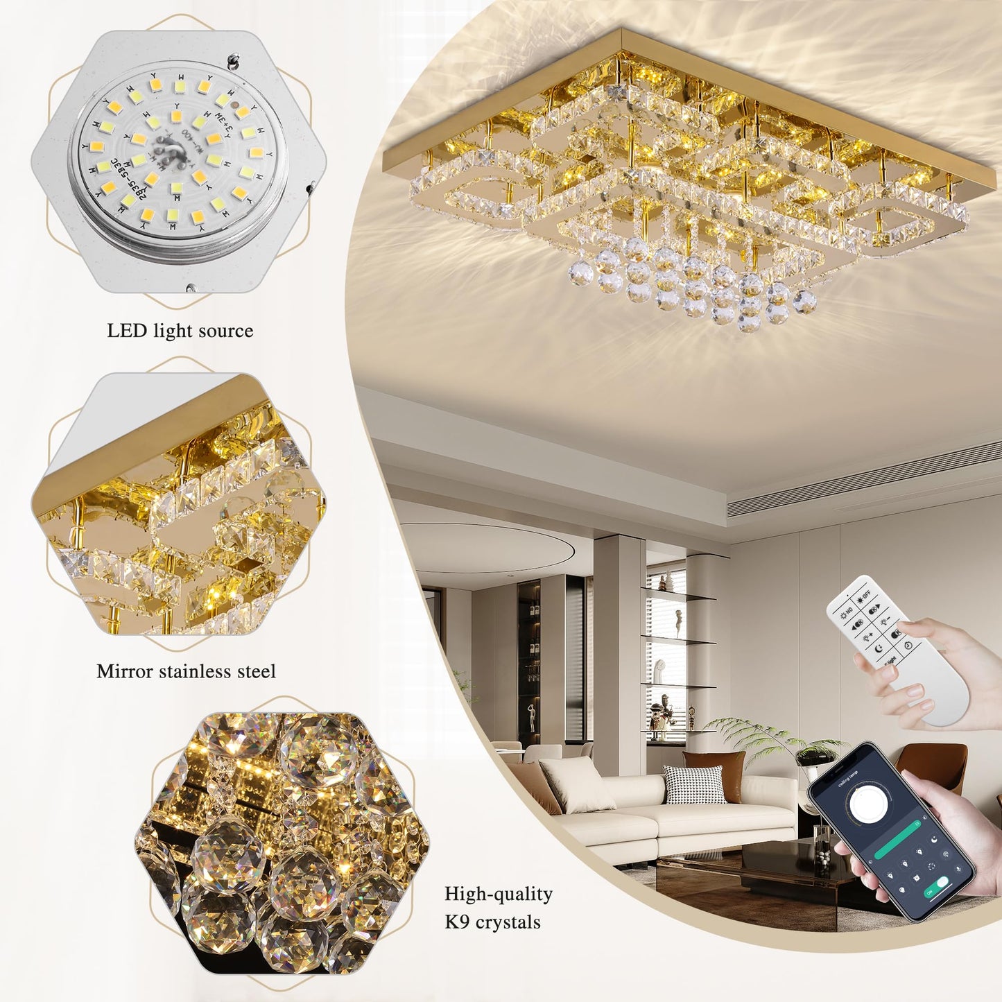 KINGTORO 32" Gold Crystal Flush Mount Chandelier with Remote/App Control, Modern LED Ceiling Light with 3CCT Dimmable, Elegant Chandeliers for Bedroom Living Room Dinning Room Hallway Kitchen