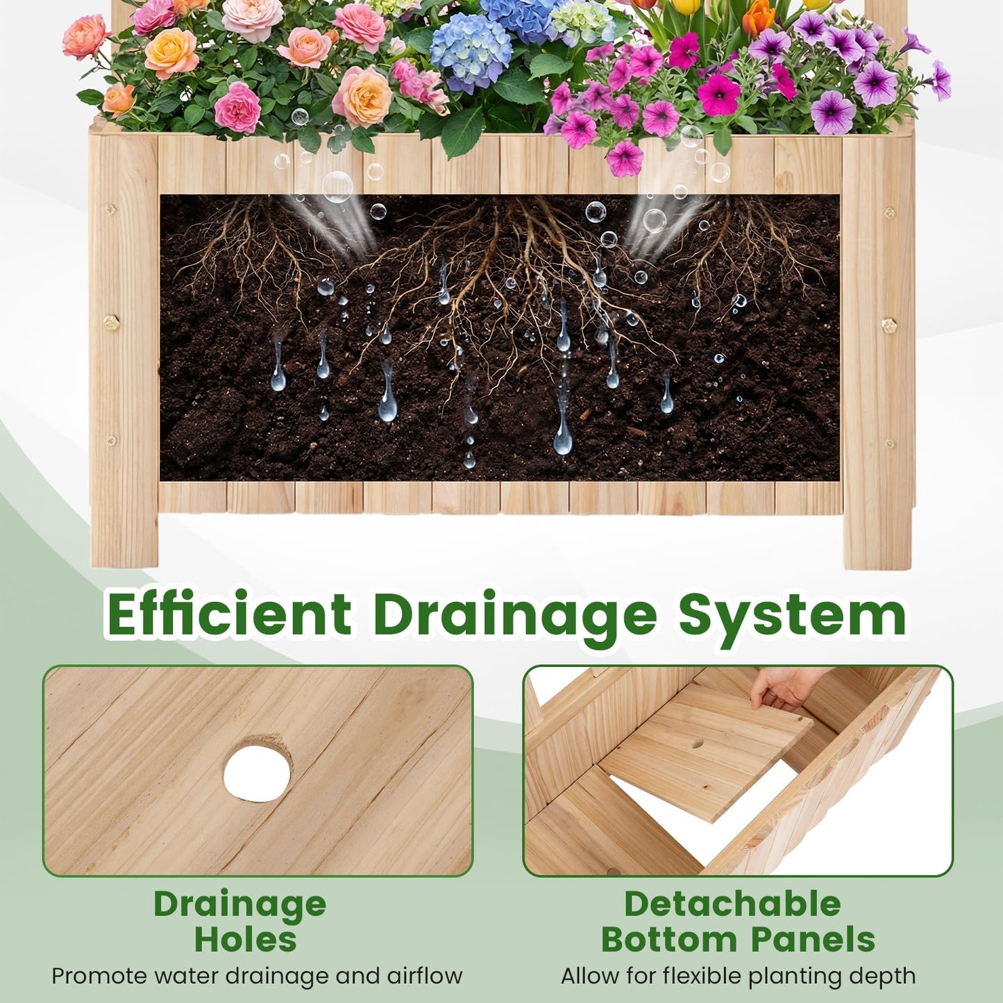Happygrill Wooden Raised Garden Bed with Trellis, Outdoor Planter Box with Drainage Holes, Privacy Screen, Natural Fir Wood Elevated Garden Bed for Climbing Plants Flowers (1, Natural, 24''x12''x48'')