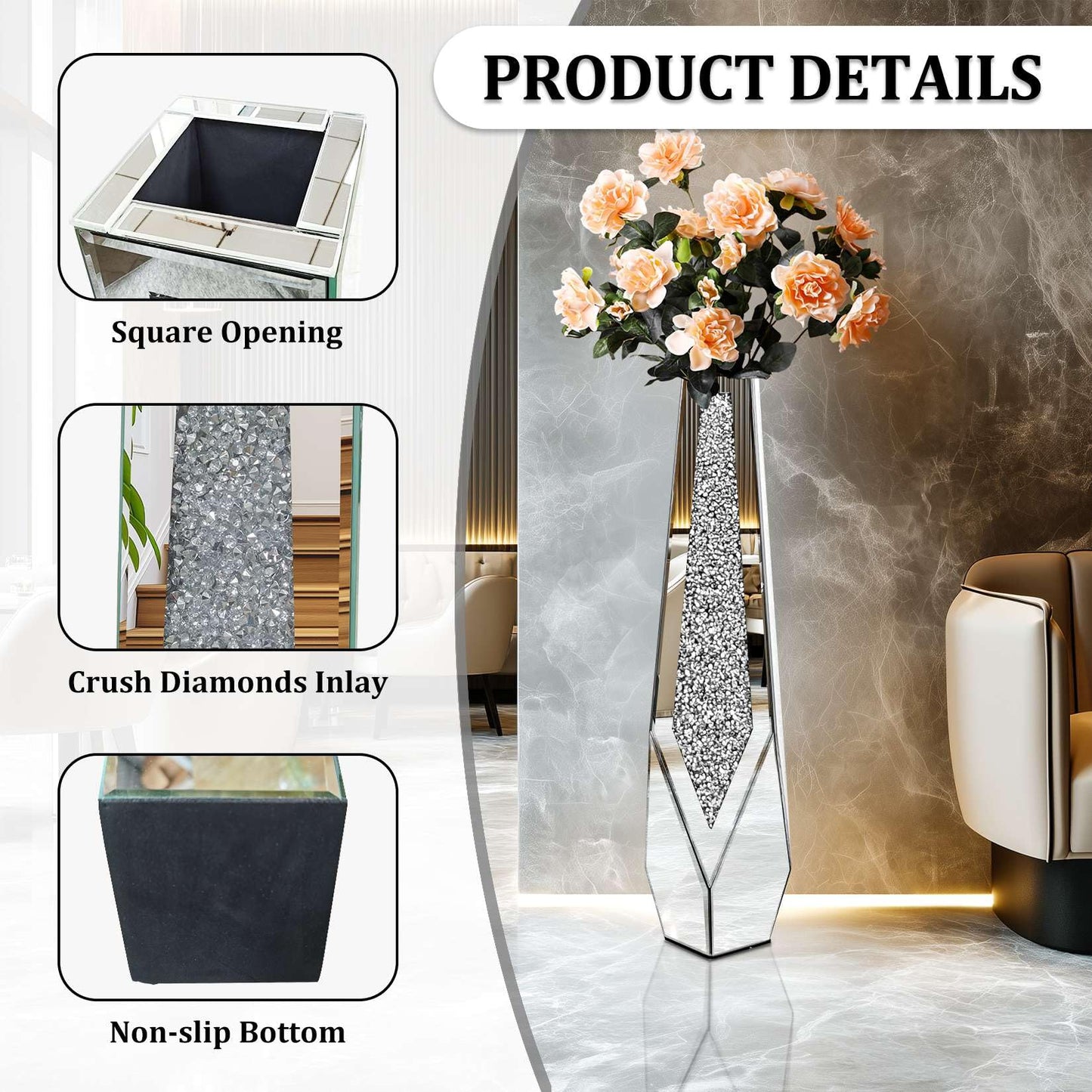 Artloge Mirror Floor Vase Crushed Diamond Silver Bling Centerpiece 33.6 inch Tall