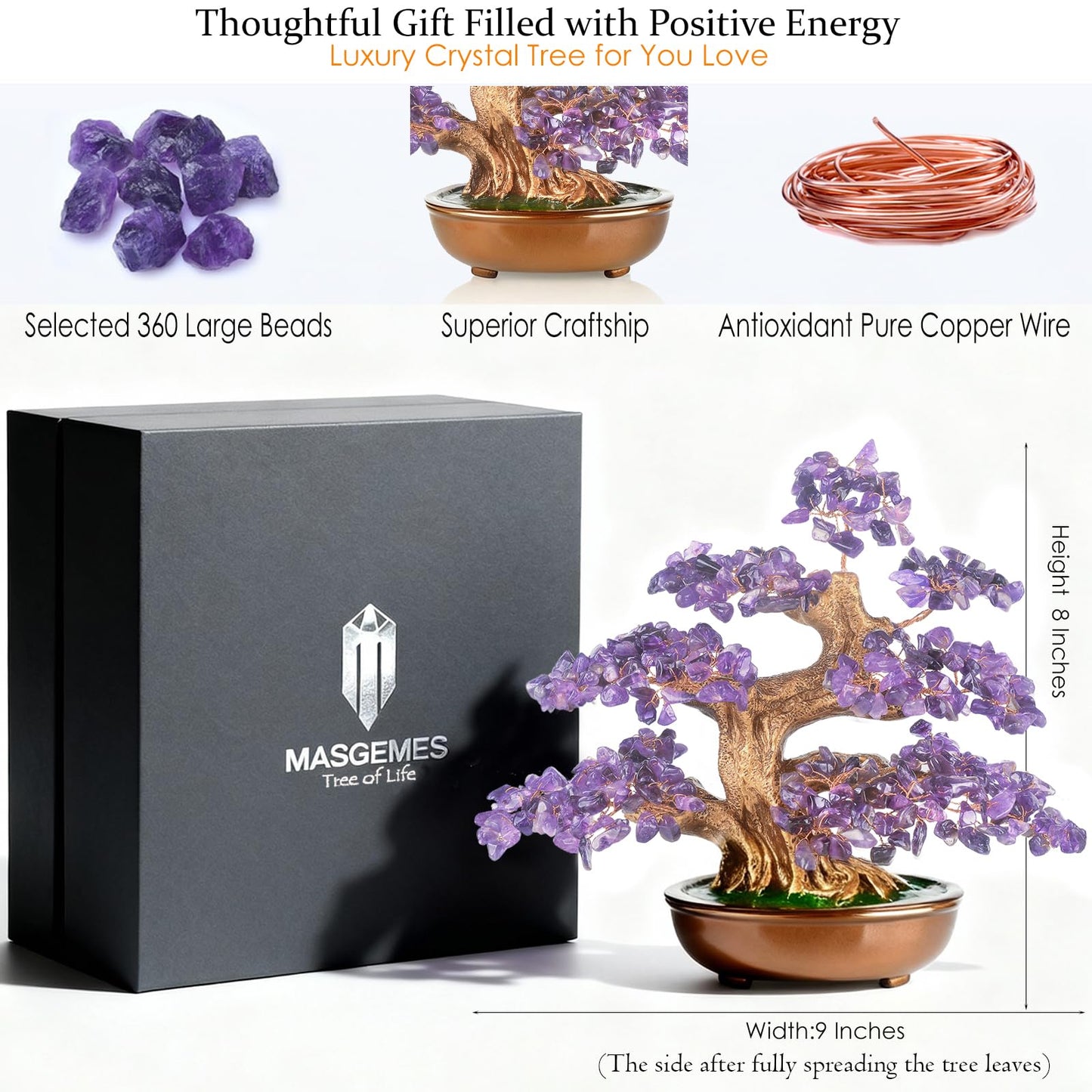 MASGEMES Amethyst Crystal Tree of Life – Handmade Gemstone Bonsai Tree with Natural Stones(360 Large Beads), Chakra Healing for Positive Energy, Home & Office Feng Shui 8"