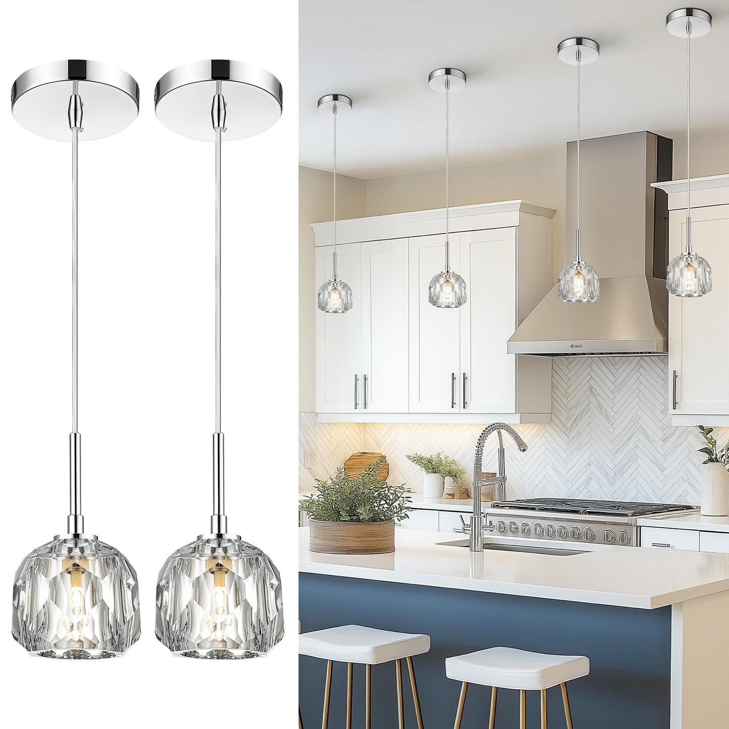 AUTELO 2 Pack Modern Pendant Lights, 1-Light Pendant Light Fixtures in Chrome Metal Finish, Small Crystal Pendant Lights Kitchen Island for Kitchen Island, Dining Room, Bedroom, H3878 CH-2PK-NR