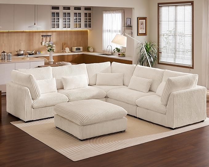 115" Oversized Corduroy Couch Modular Sectional Sofa, Washable Cloud Couch