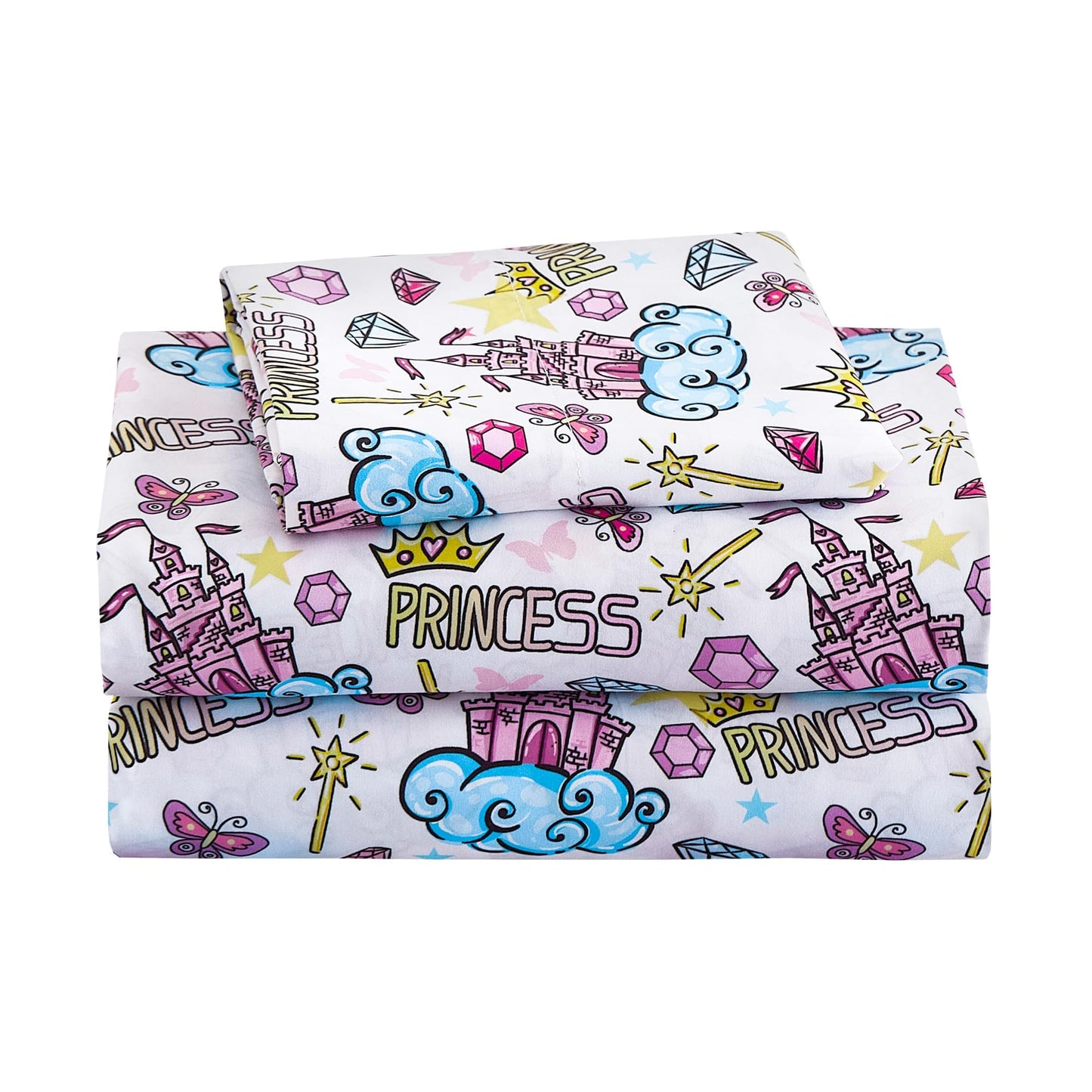 Softan Kids Bed Sheet Set, 3-Piece Twin Sheets Set, Microfiber Fitted Sheet with 15 Inches Deep Pocket and Corner Straps, Breathable & Silky Soft Castle Diamond Printed Sheet and Pillowcase Sets