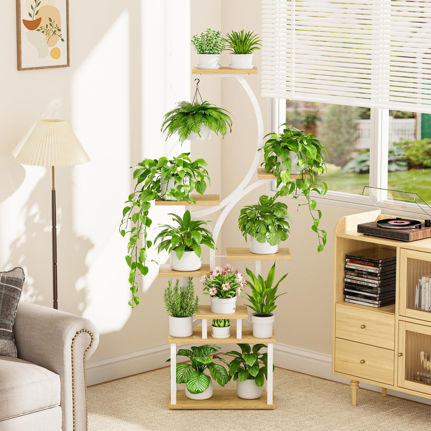 Plant Stand Indoor with Grow Lights - 62" Tall Plant Shelf, Lighted Corner Plant Stands for Indoor Growing, 8 Tiered Large Flower Holder, S-Shaped Plants Rack for Living Room, Patent Design, Natural