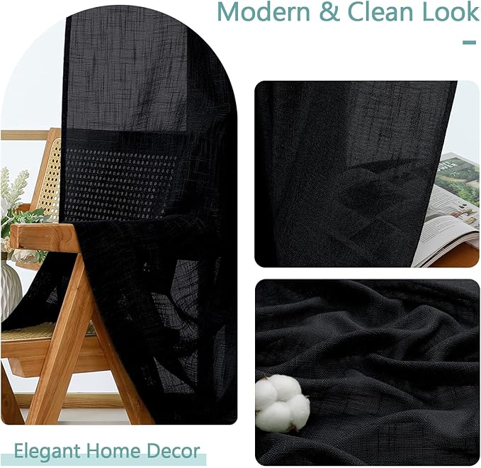 Chyhomenyc Black Semi Sheer Curtains 84 Inches Long 2 Panels Set, Light