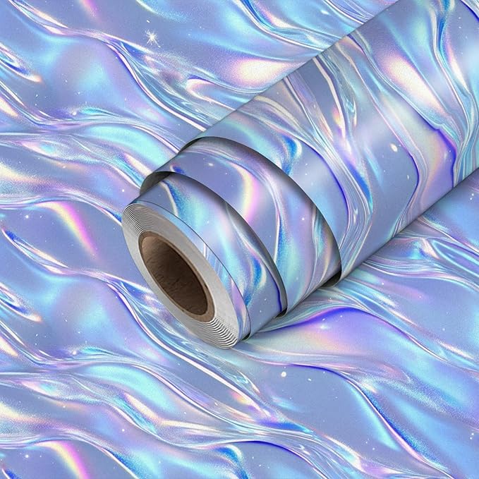 HOMETITUTE Shimmering Lilac Blue Wave Pattern Wallpaper Peel and Stick Contact