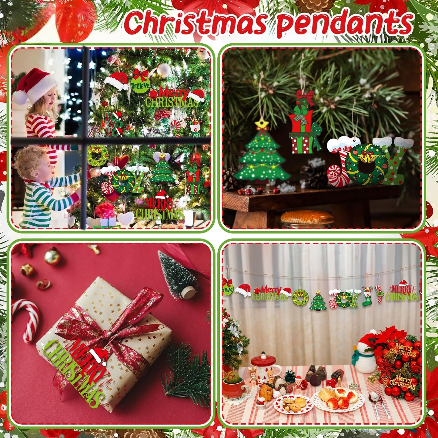AceOrbit 48 Pcs Christmas Tree Ornaments Lime Green Wood Christmas Tree Ornaments with Rope Xmas Wood Cutouts Hanging Decorations Gift Box Santa Hats Candy Canes for Xmas Wreaths Home Winter Decor