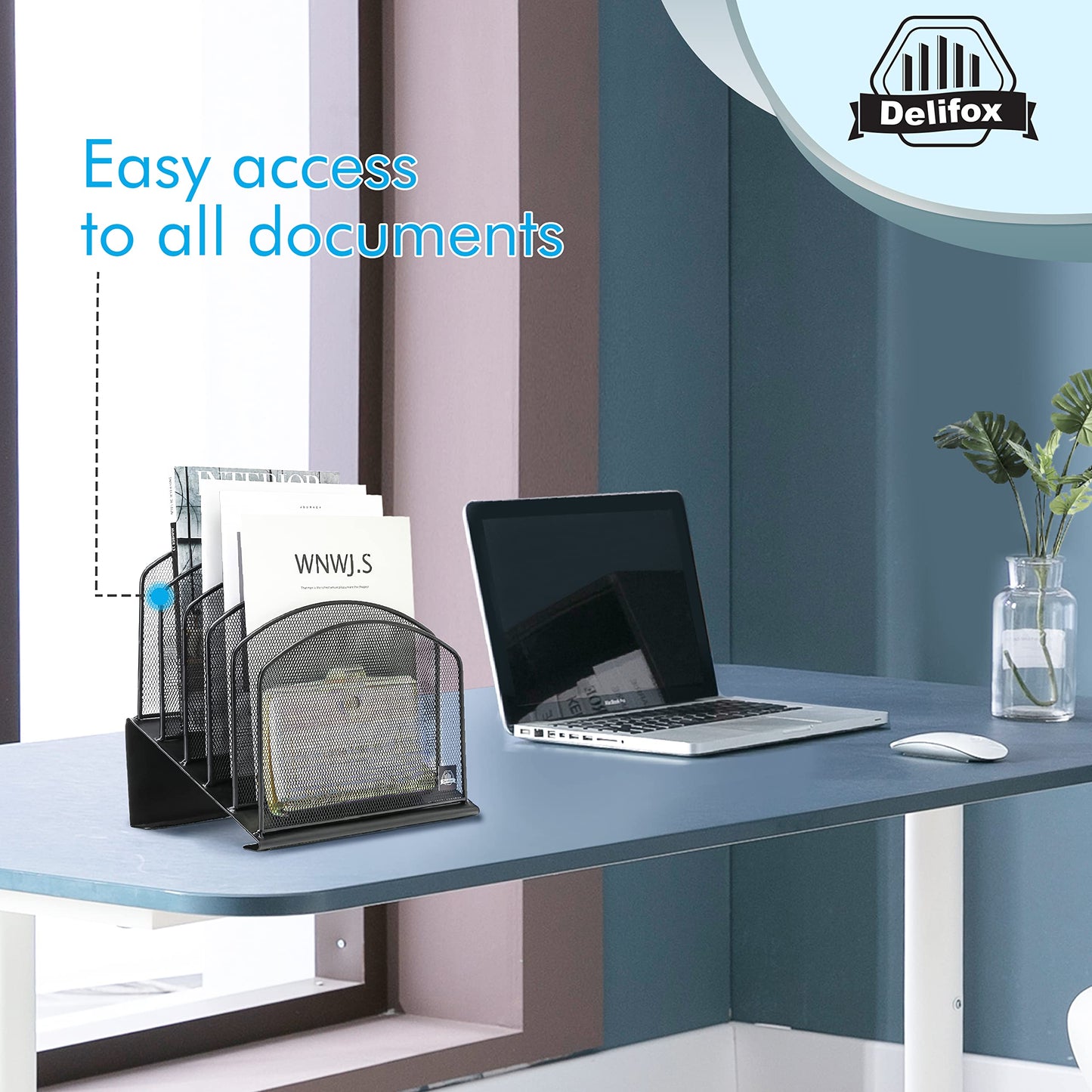 Delifox Inclined Desk File Organizer, 5-Section Vertical File Folder Holder Stand Metal Rack File Sorter for Office Classroom Desktop Organization (Black, 1Pack)