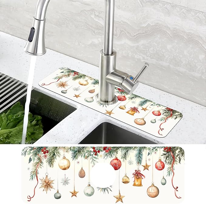 Christmas Star Balls Bells Kitchen Sink Splash Guard Mat Absorbent Fast Drying