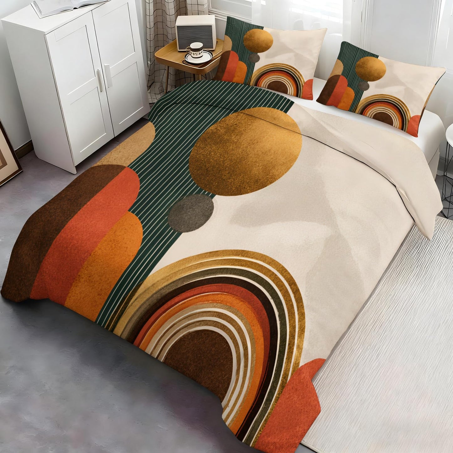 ZAOMIR Mid Century Modern Duvet Cover Queen Size, Boho Abstract Geometric Line Bedding Set 3 Piece, Sun Boho Geometric Patterned Comforter Cover with Zipper Soft Microfiber, 2 Pillowcases