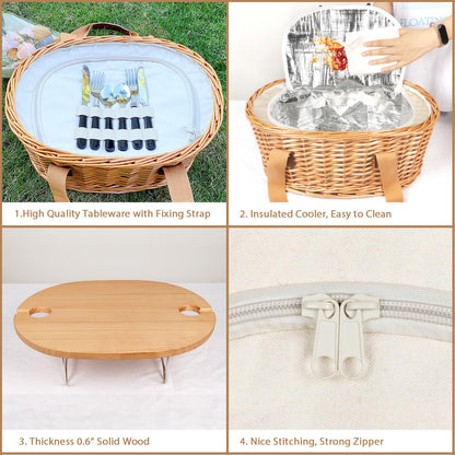 Hap Tim Wicker Picnic Basket Set for 2 with Mini Folding Wine Picnic Table & Large Insulated Cooler Bag & Cutlery Service Kits for 2 Person, Couples Gifts, Wedding Gifts (Y2209-2-CM)