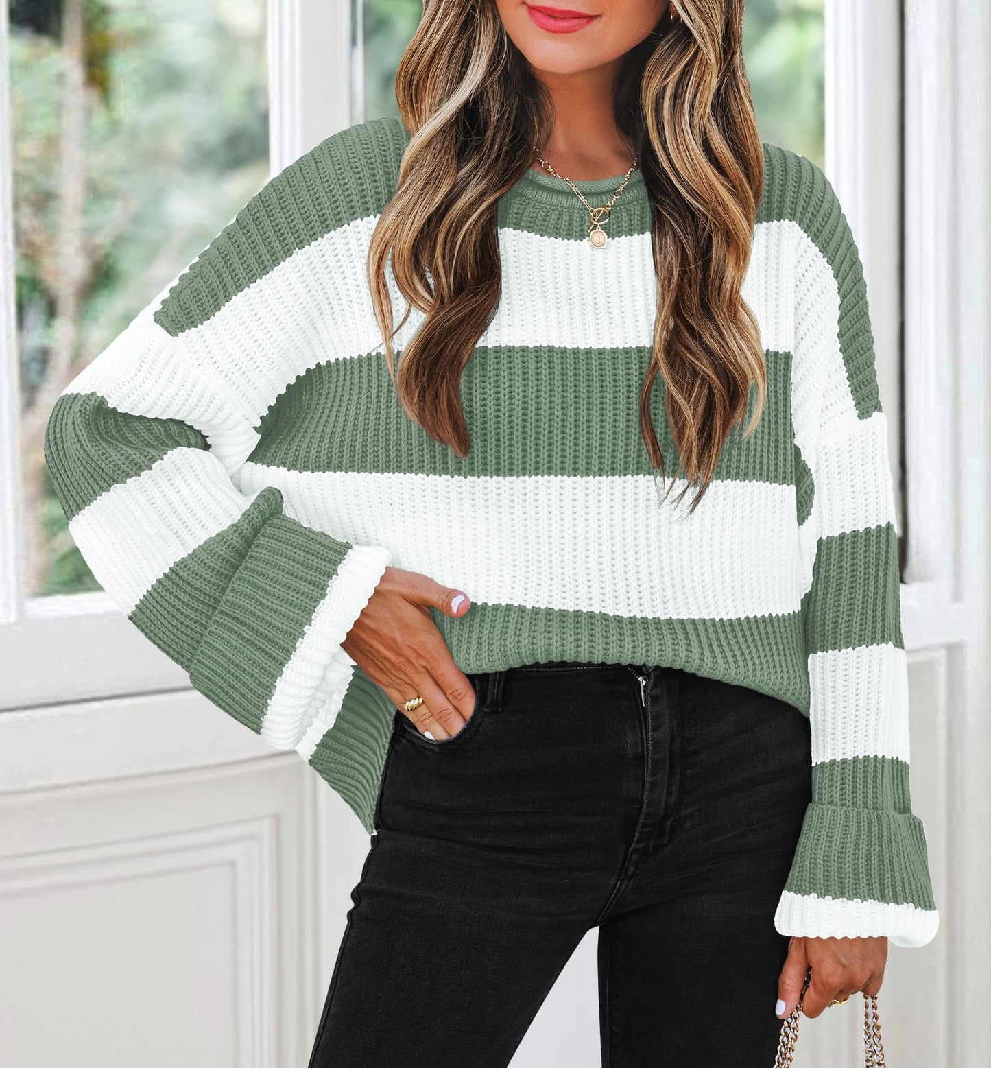 ZESICA Women's 2025 Fall Long Sleeve Oversized Striped Color Block Comfy Loose Crew Neck Knitted Pullover Sweater