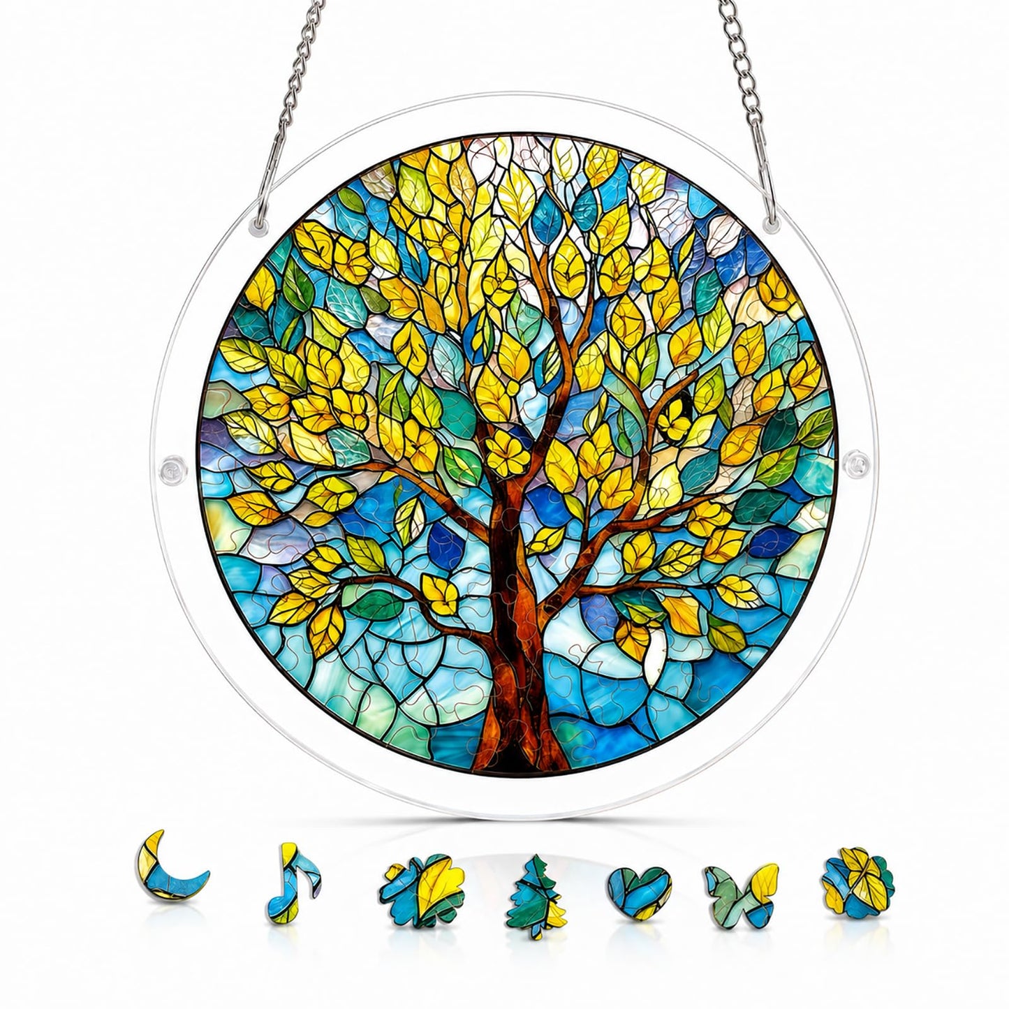 Acrylic Jigsaw Puzzle Suncatcher, Golden Tree Acrylic Puzzle Suncatcher for Adults, DIY Acrylic Jigsaw Art & Puzzle Window Hanging Ornament, Creative Home Decor Ornament with Whimsical Pieces