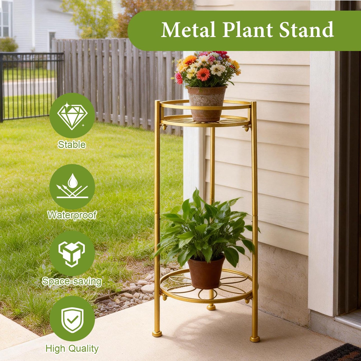 2 Tier Metal Plant Stand, Sturdy Heavy Duty Adjustable Two Tier Flower Pot Holder for Indoor Outdoor, Small Spaces, Balcony, Kitchen, Living Room, Patio - Tall Plant Shelf for Succulents, Heavy Pots, Potted Herbs （Gold）