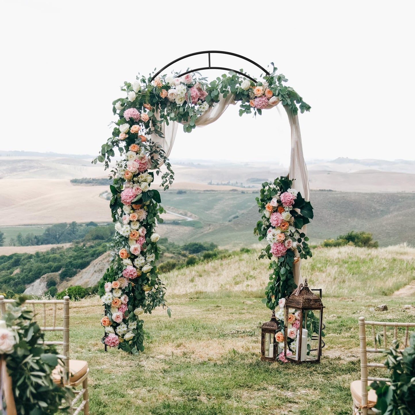 OUSHENG 8FT Metal Garden Arch Trellis with Planter Boxes for Climbing Plants Outdoor, Heavy-Duty Wedding Arch Backdrop Stand for Ceremony, Party, and Garden Decorations, Rust-Resistant Black Pergola