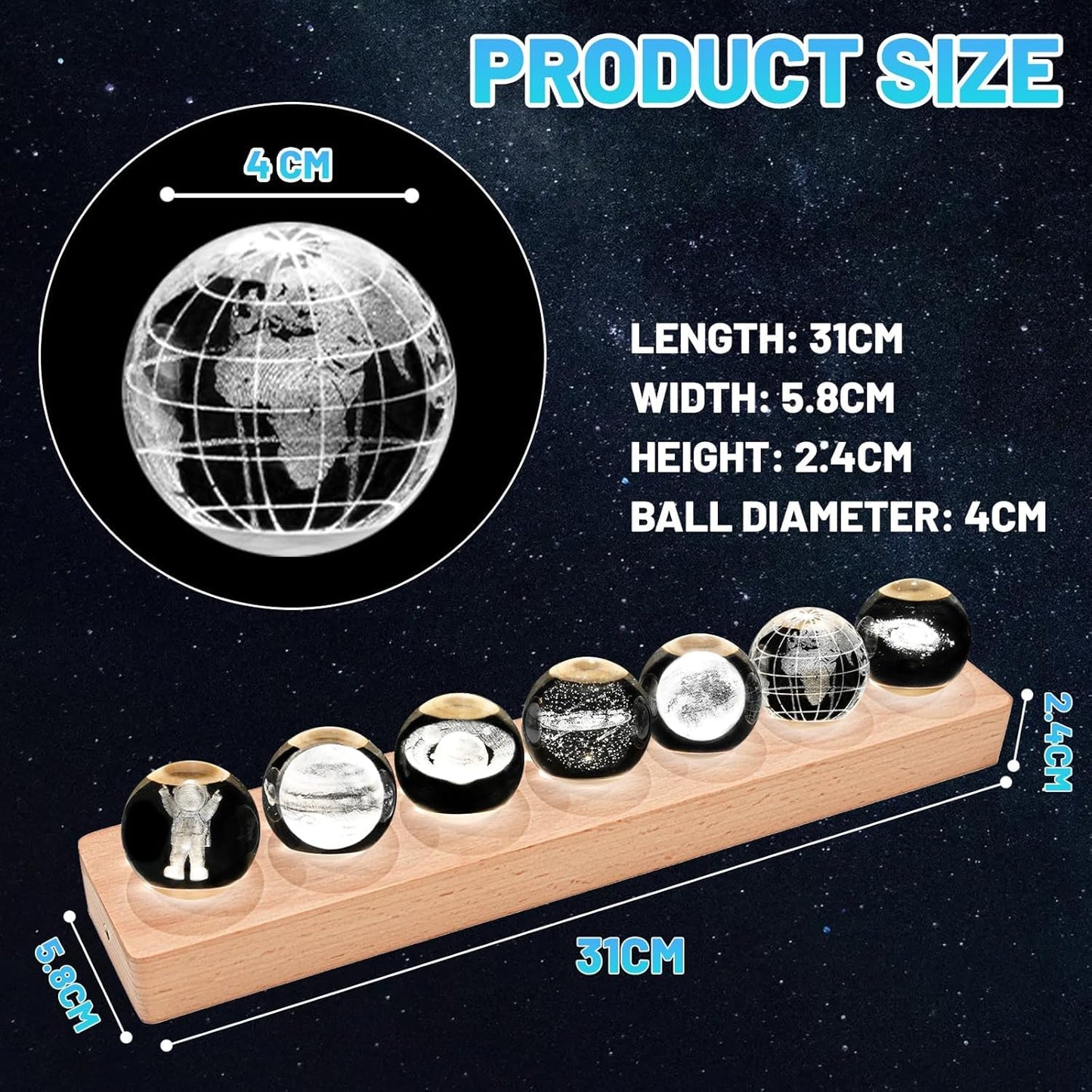 Eicxjui 7Pcs Planet Crystal Ball Night Light with LED Wooden Base Solar System Galaxy Saturn Moon Lamp Room Decor Astronomy Space Gifts Birthday Christmas
