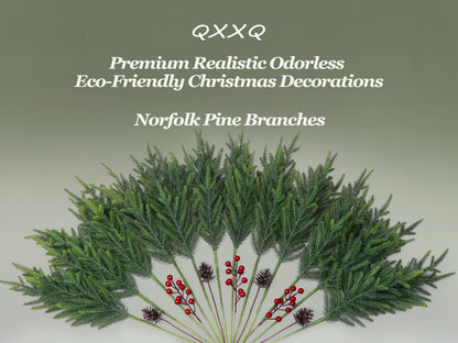 QXXQ 12-Piece Set 24" Artificial Norfolk Pine Branches - Christmas Decorations - Faux Christmas Greenary - Faux Norfolk Pine Stems for DIY Crafts Garland Wreath Home Decor- Free LED String Lights