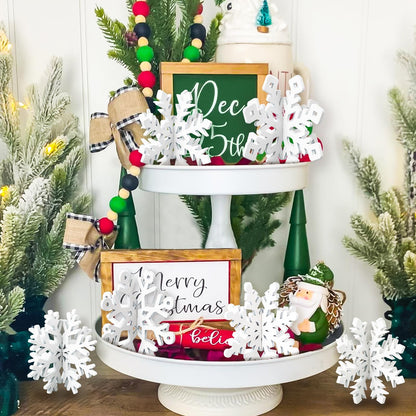 OuMuaMua 12 Set Winter Christmas Centerpiece Table Decorations - 24pcs Wooden Snowflakes Decor 3D White Snowflake Tabletop Decor for Xmas Holiday Tiered Tray Desk Winter Farmhouse Home Decor