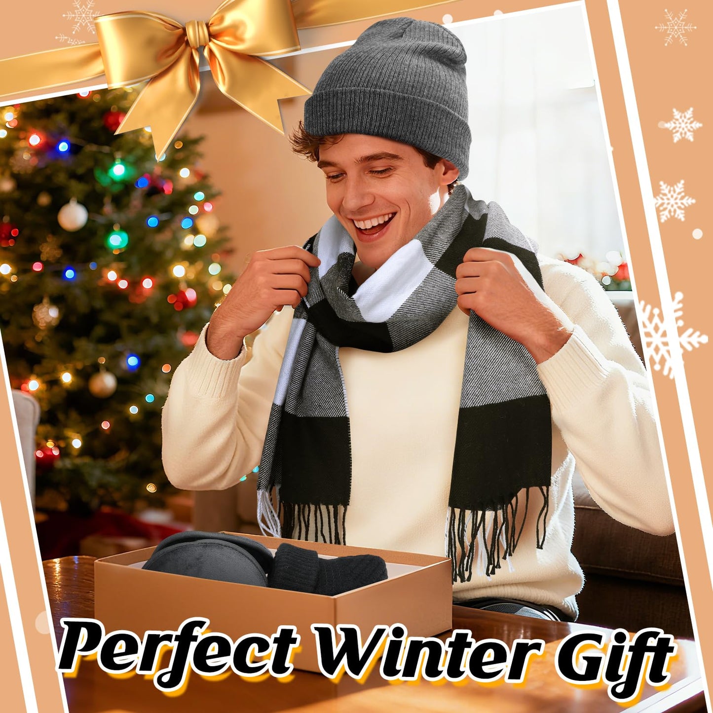 Cosweet Scarf and Gloves Set - Knitted Winter Warmer Set, Winter Gloves Plaid Scarf Beanie Hat Ear Muffs for Men Women Running Skiing Cycling Yoga Outdoor Sports Christmas Birthday Gift
