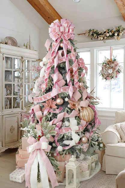 HUIHUANG Pink Christmas Tree Topper Bow 13 inch x 45 inch Large Christmas Bows Pink and White Snowflake Velvet Bows for Christmas Tree Ornament, Wreaths, Staircase, Mantel, Home Decor