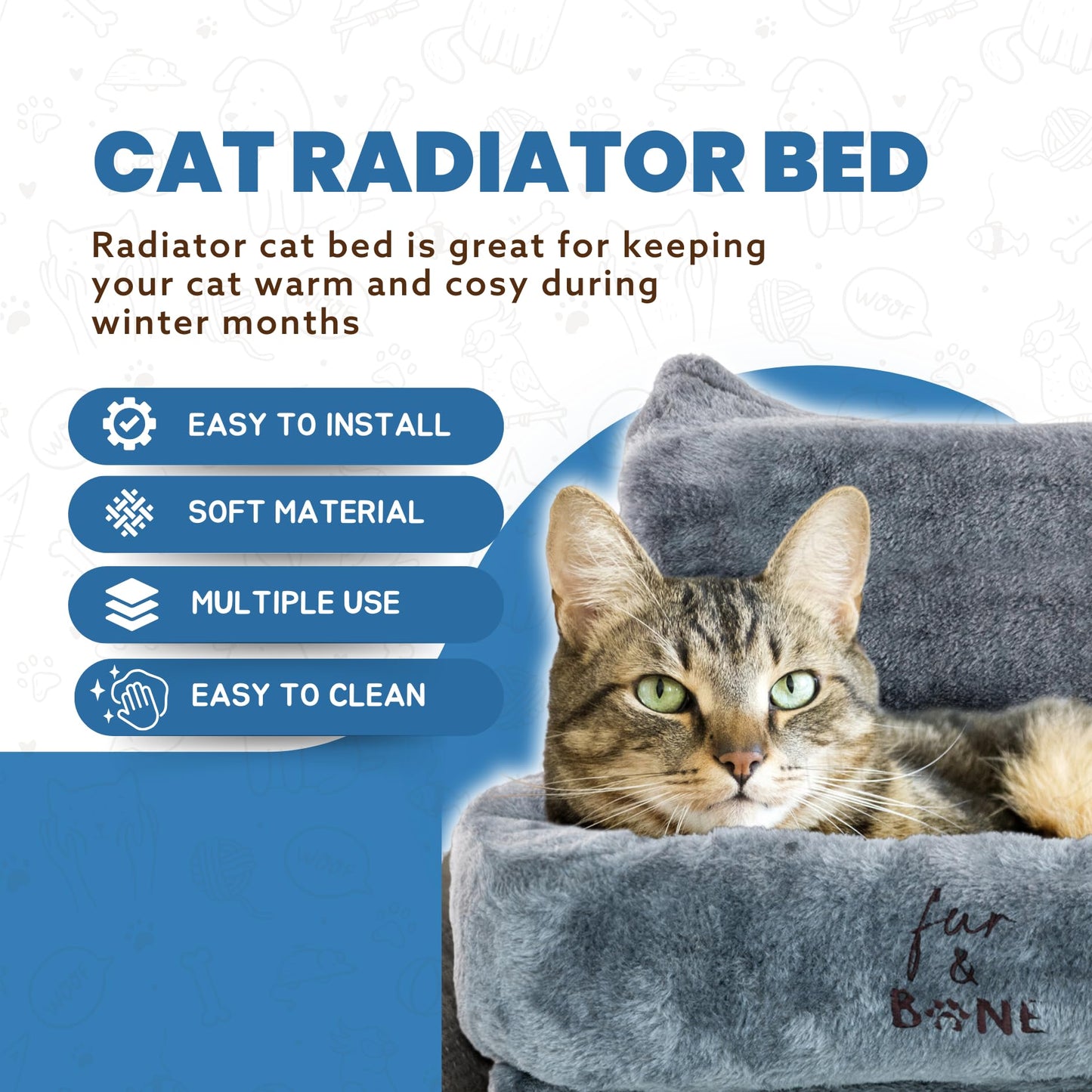 Fur & Bone Cat Radiator Bed, Cat Bed | Warm Fleece Cat Hammock With Washable Fleece Cover | Hanging Radiator Cat Bed | Cat beds For Indoor Cats, Cat Accessories for Kittens & Cats (50x43x26cm)