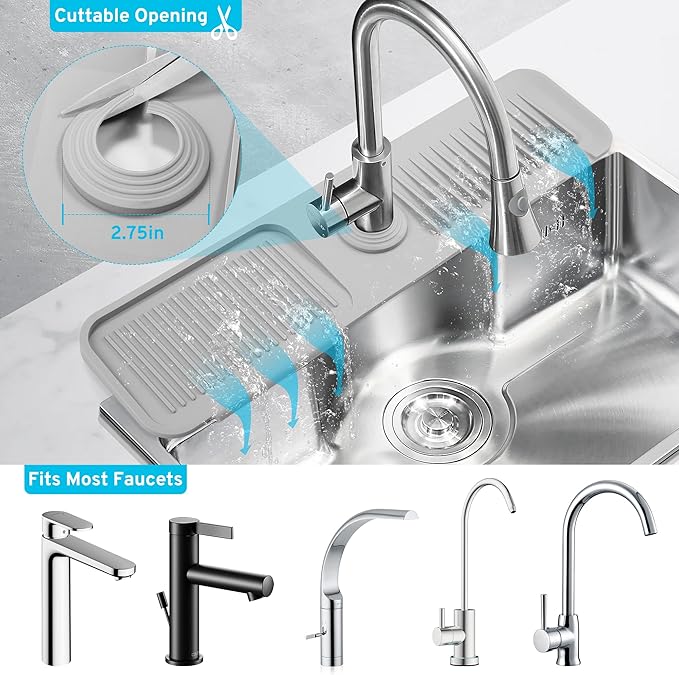 24"Longer Silicone Faucet Mat for Kitchen Sink, 5° Slope Faucets Draining Mat