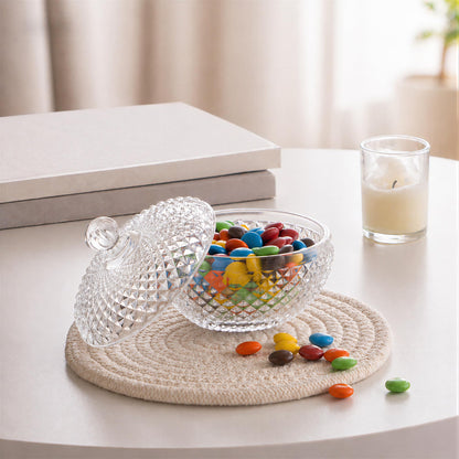kanpura 6.7 oz Glass Candy Dish with Lid Clear Crystal Candy & Cookies Jar Decorative Candy Storage Container for Wedding Buffet Party, Christmas, Home Decor, Office Desk