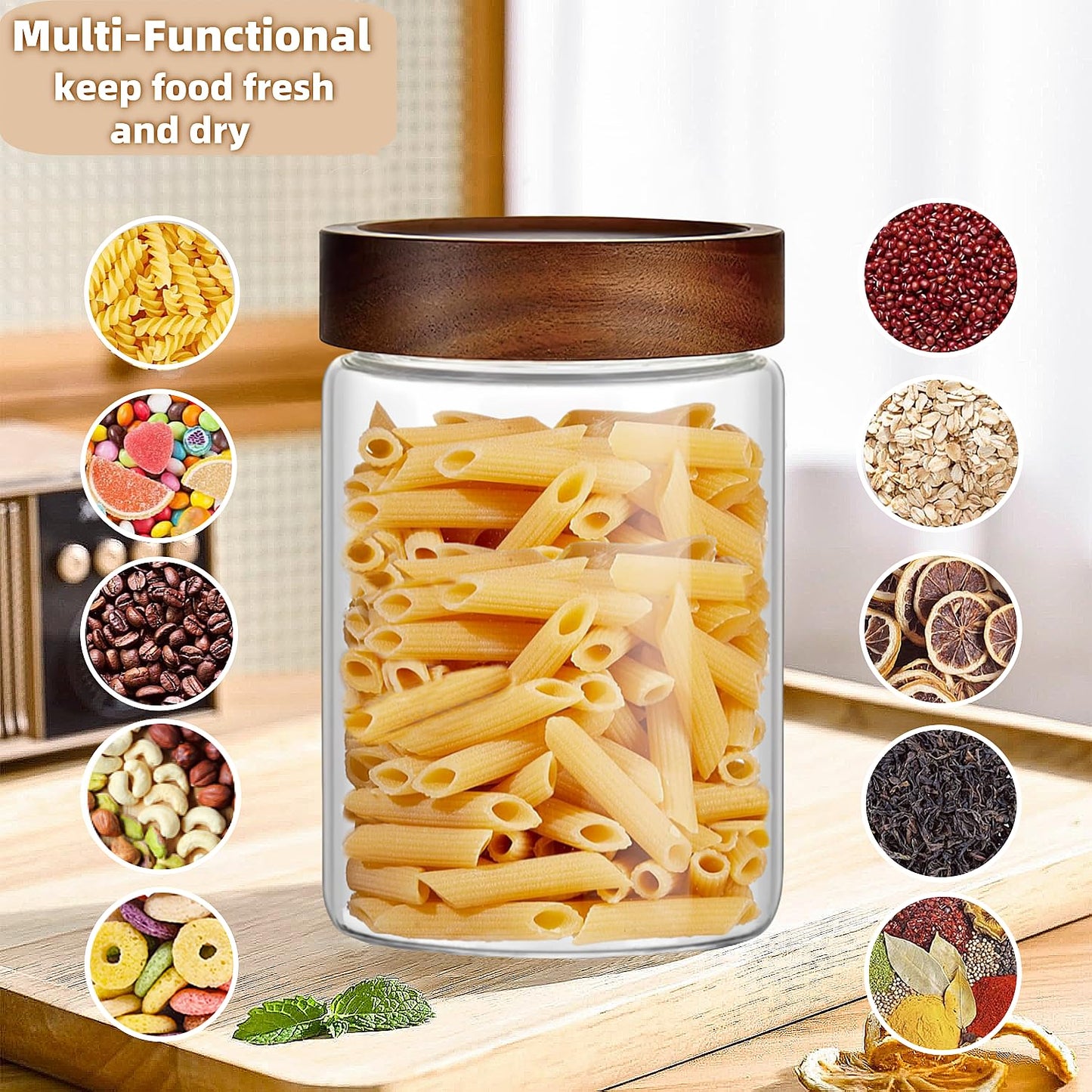Brighomrom Set of 2 Glass Food Storage Jars, Premium Clear Glass Container Jar with Airtight Wooden Screw-on Lid, Kitchen Canisters for Coffee,Tea,Pasta,Cookies, Nuts,Spice,Candy,Overnight Oatmeal