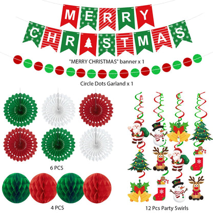 25pcs Christmas Party Decorations Merry Christmas Banner Paper Fan Garlands String Circle Dot Honeycomb Ball Swirl Streamers Snowman Santa for Xmas Decorations Indoor Home Decor