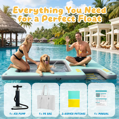 Inflatable Floating Dock with Dog Ramp, Large Floating Island Platform for Adults and Pets, Mesh Water Hammock with Non-Slip Steps, Heavy-Duty Floating Dock for Lake, Pool, River and Ocean