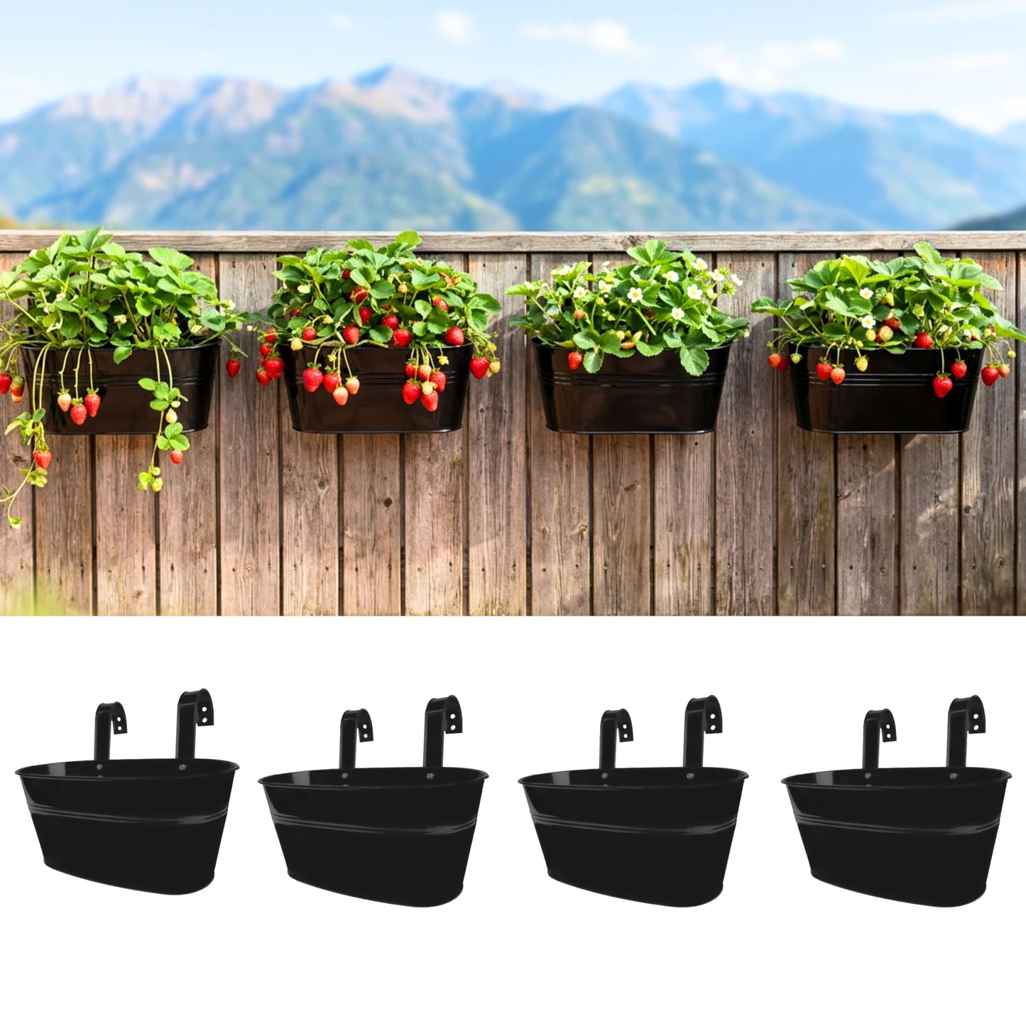 LaLaGreen Wall Planter (11.8 Inch, 4 Pack) Black Oval Metal Wall Hanging Decor Flower Plant Holder Indoor Planters Mounted Balcony Pots Railing Fence Window Deck Decoration Porch Plants Pot Baskets