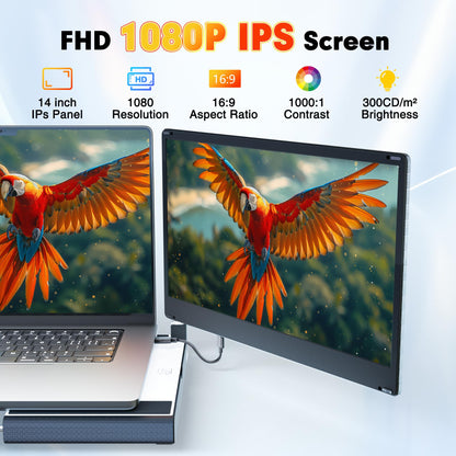 2025 New Upgraded Laptop Screen Extender Portable Monitor, 1080P FHD IPS Screen, Monitor Extender for Laptop, Fit for 13-17" Laptops, Plug & Play Compatiable with Windows/Mac/Android/Switch (14 inch)