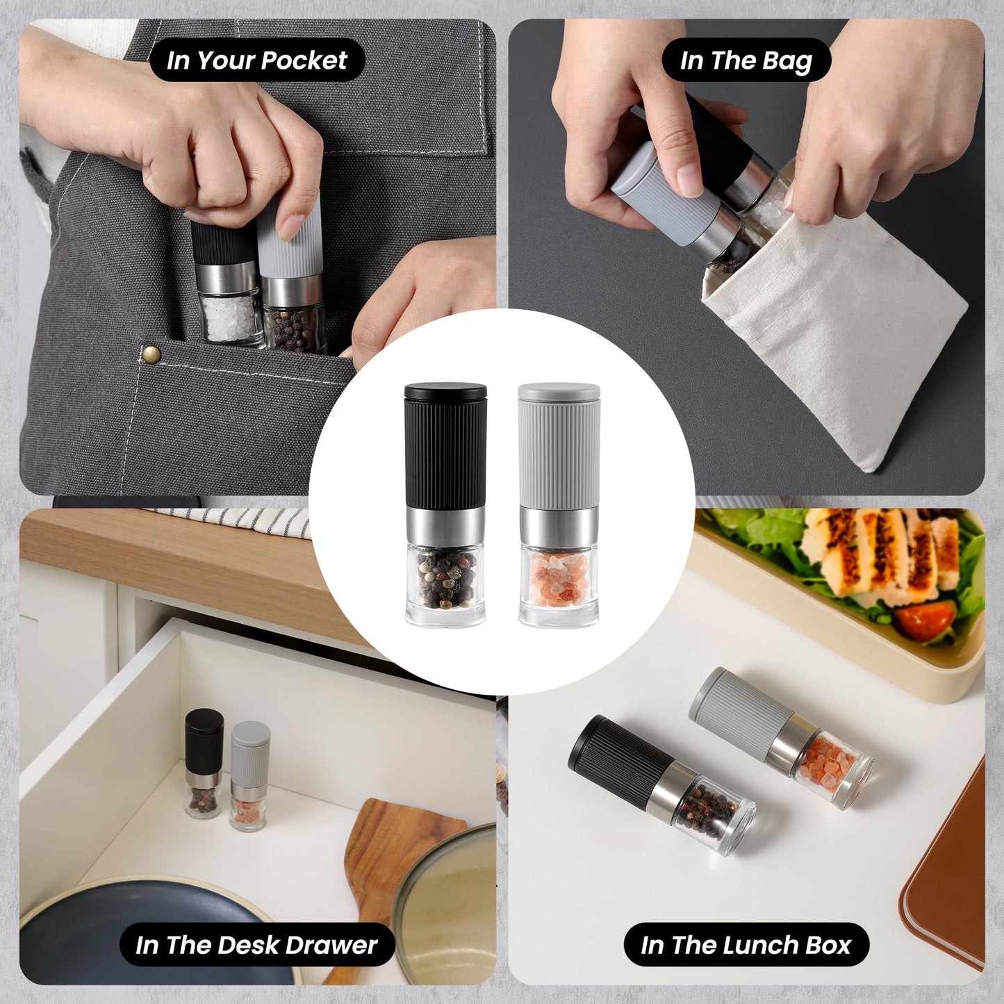 Mini Salt and Pepper Grinder Set, Small Tiny Adjustable Coarseness Ceramic Salt Grinder with Funnel and Bag Portable Handy Spice Pepper Mill Shaker For Outdoor Party Lunch Bag Kitchen