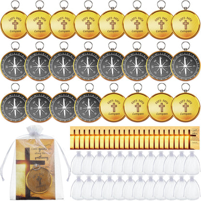 Relaxweex 24 Set Mini Christian Compass Christian Gift Set Compass with Cards and White Drawstring Organza Bag Bible Scripture Cards Religious Gifts for Men Graduation Gift Weddings