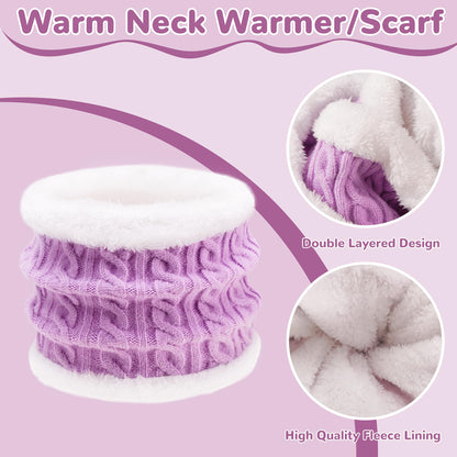 Girls Winter Hat Scarf Gloves Set for Cold Weather, Kids Beanie Hat Infinity Scarf Knitted Gloves Sets White Knit Thick Warm Fleece Lined Thermal Set for 6-10 Years Old Boy Baby Toddler Children