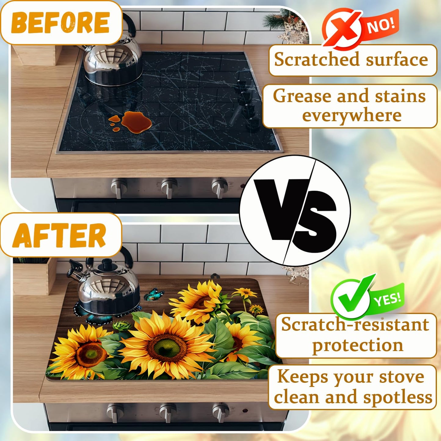Sunflower Stove Top Cover for Electric Stove, Blue Butterfly Range Covers, Yellow Flower Range Top Mats, Spring Summer Cooktop Cover 28x20 inch, Glass Cooktop Covers for Kitchen Holiday Home Decor